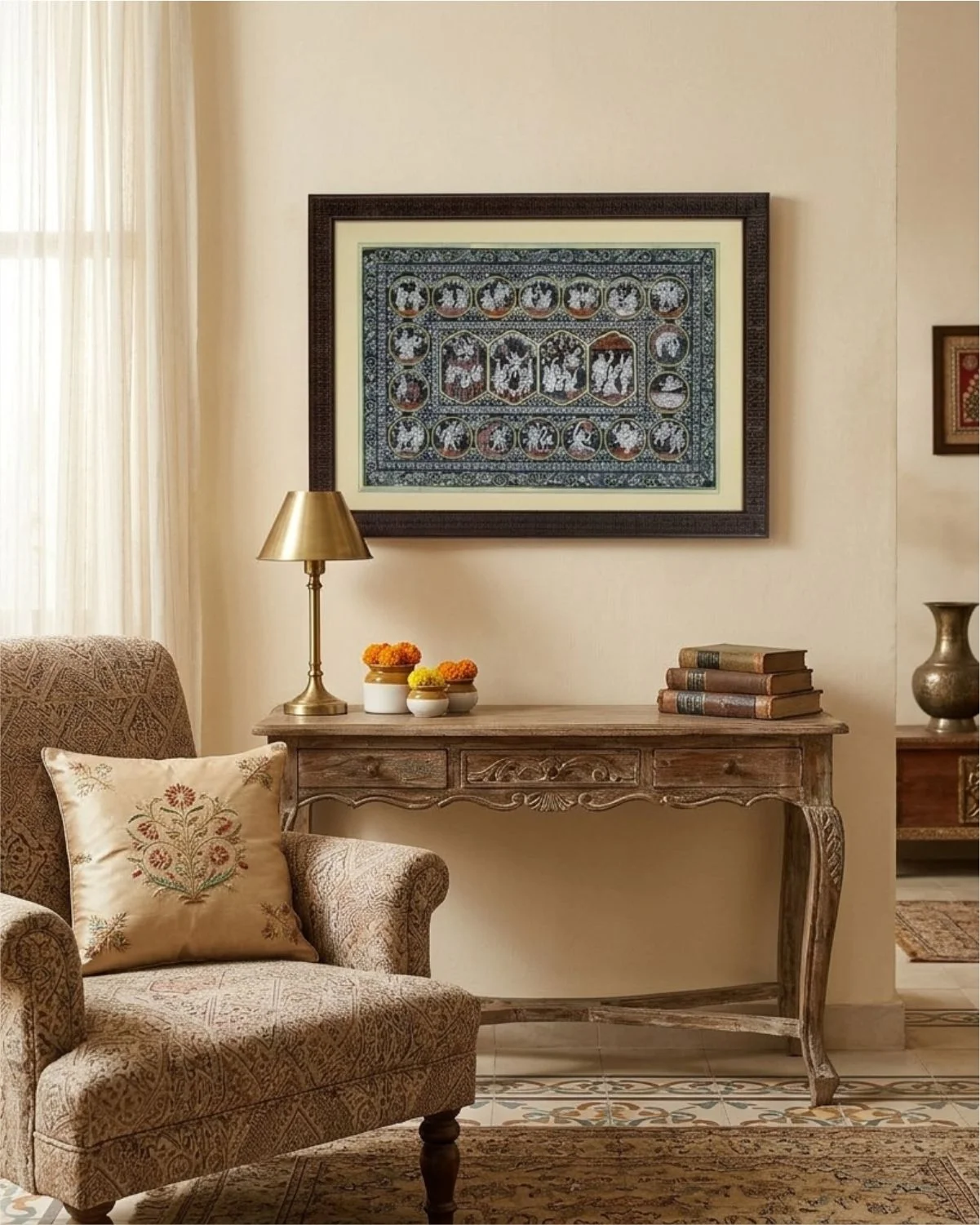 Krishna Leela Pattachitra On Cotton Canvas (Black & White)