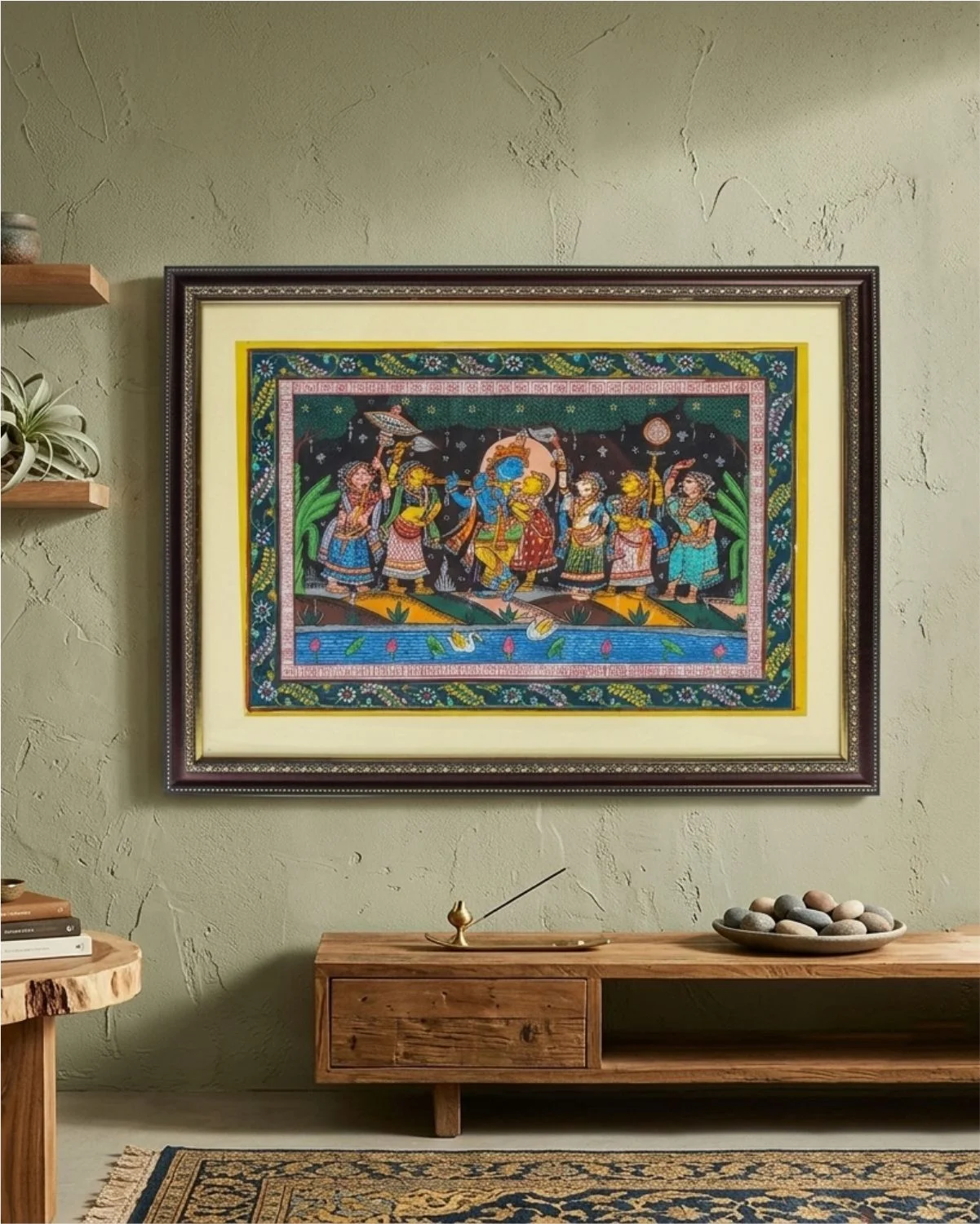Krishna Rasleela Handpainted Framed Pattachitra Painting (Multicolour)