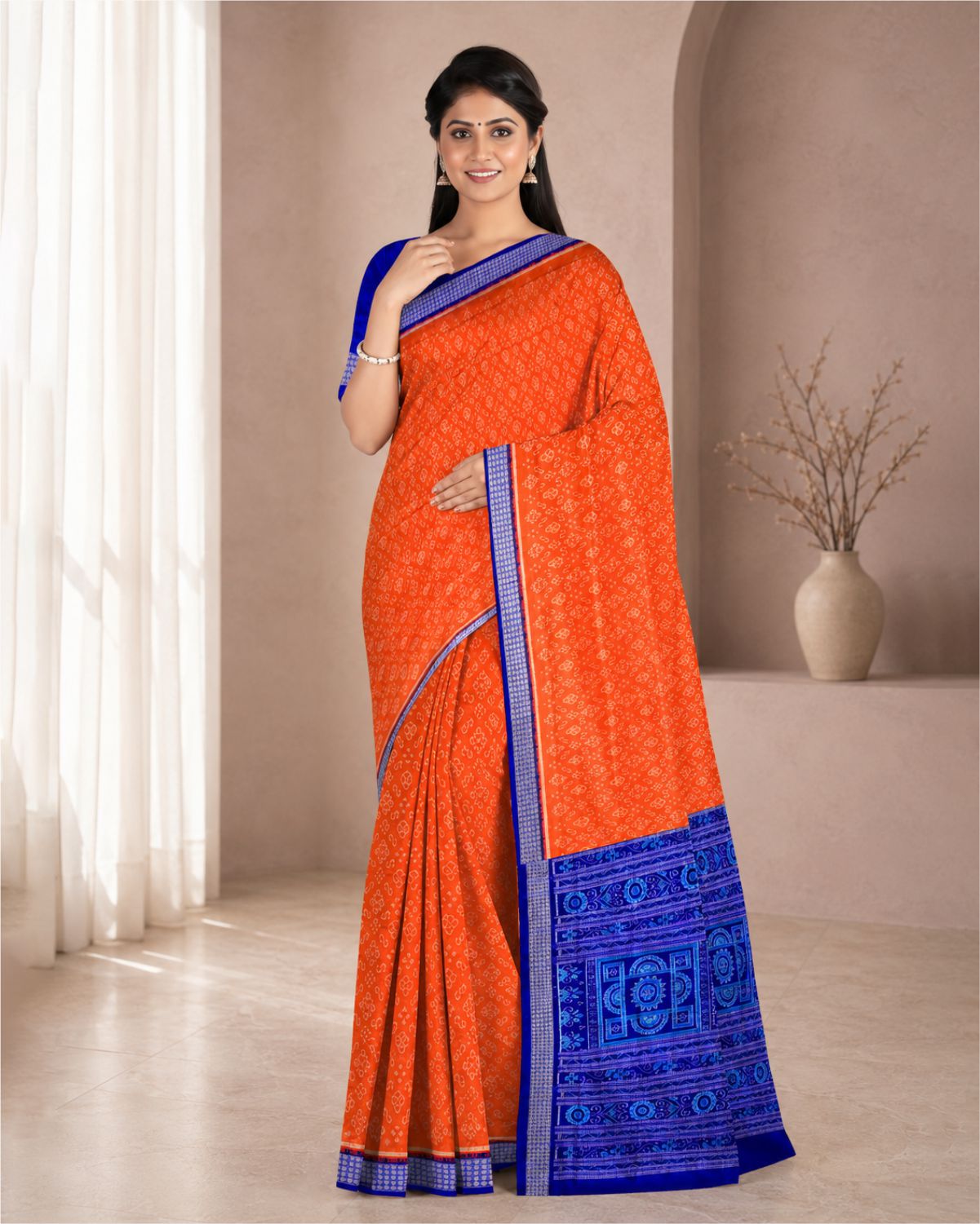 Handloom Sambalpuri Cotton Silk Saree ( Orange Blue Flower pattern)